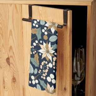 Poinsettia black background winter holiday tea towel