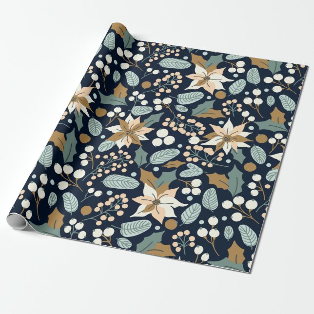 Poinsettia black background winter holiday  wrappi wrapping paper (Unrolled)