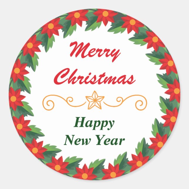 Poinsettia Border Merry Christmas Classic Round Sticker (Front)