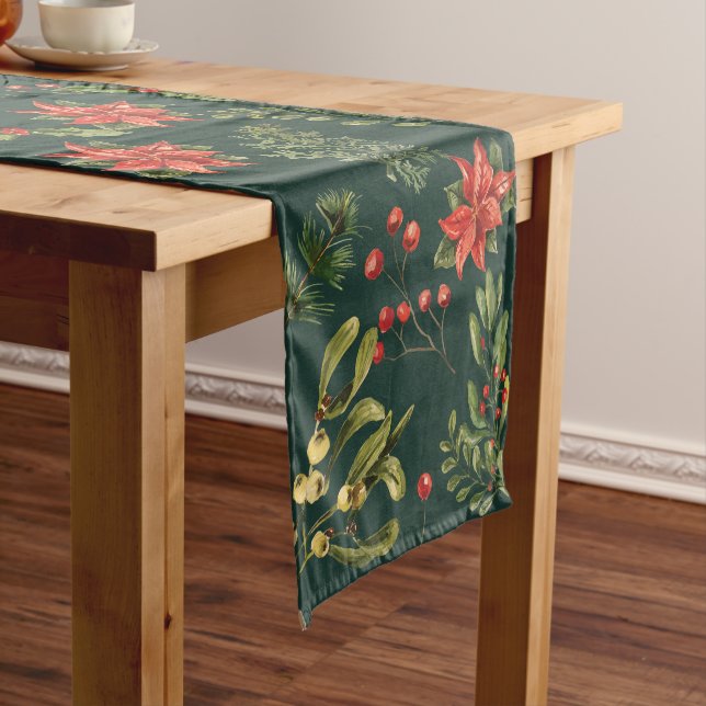 Poinsettia Botanical Christmas Holiday Floral Short Table Runner (In Situ)