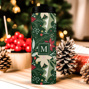 Poinsettia Botanical Floral Christmas Monogram Thermal Tumbler