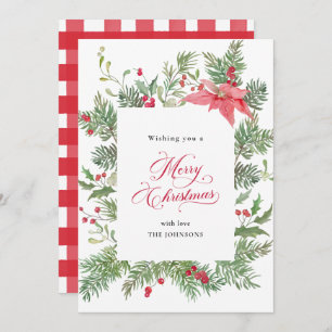 Poinsettia Botanical Red Plaid Christmas Holiday Card
