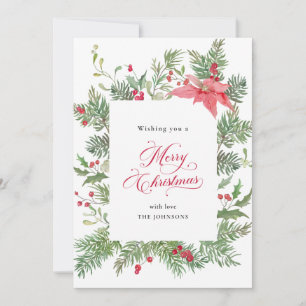 Poinsettia Botanical Red Plaid Christmas Holiday Card