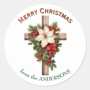 Poinsettia Bouquet Christmas Cross Classic Round Sticker
