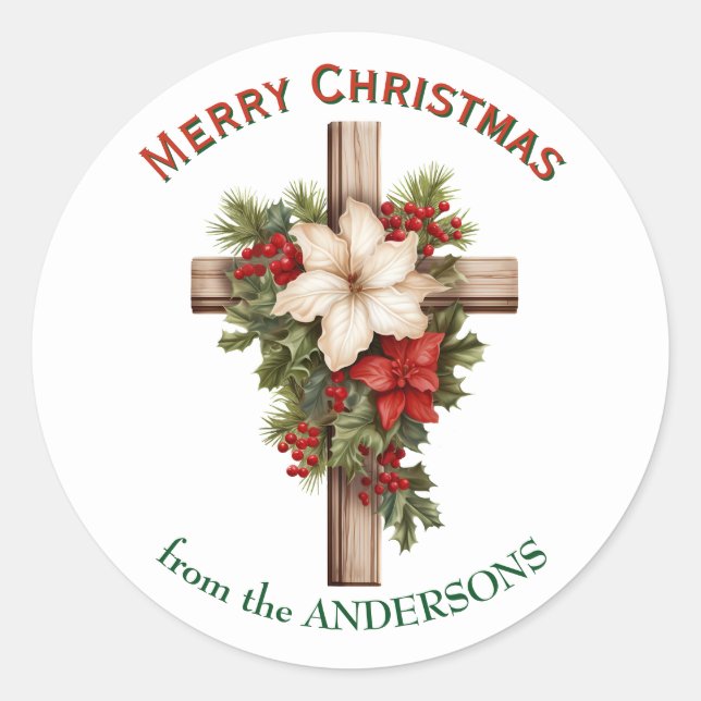 Poinsettia Bouquet Christmas Cross Classic Round Sticker (Front)