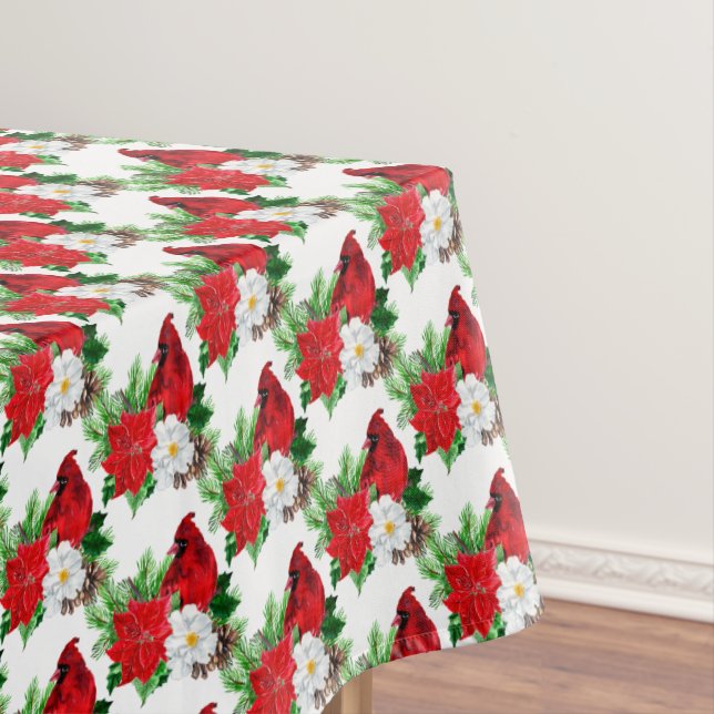 Poinsettia Bouquet Red Cardinal Holiday Tablecloth (In Situ)