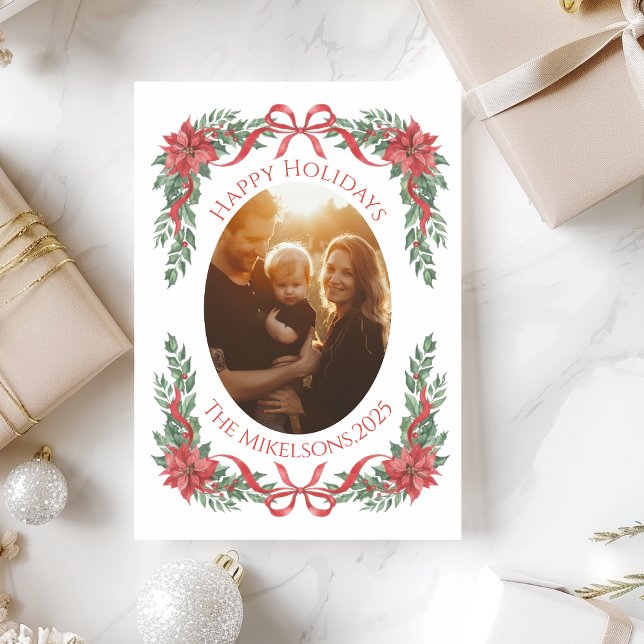 Poinsettia Bow Photo Christmas Holiday Card (Creator Uploaded)