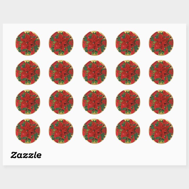 Poinsettia Bow Red and Gold Holiday Christmas Classic Round Sticker (Sheet)