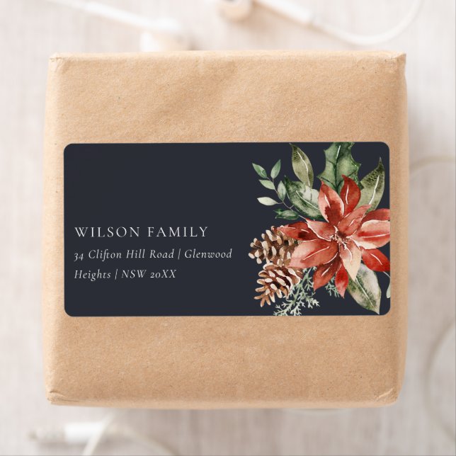 Poinsettia Bunch Navy Black Christmas Pine Address (Insitu)