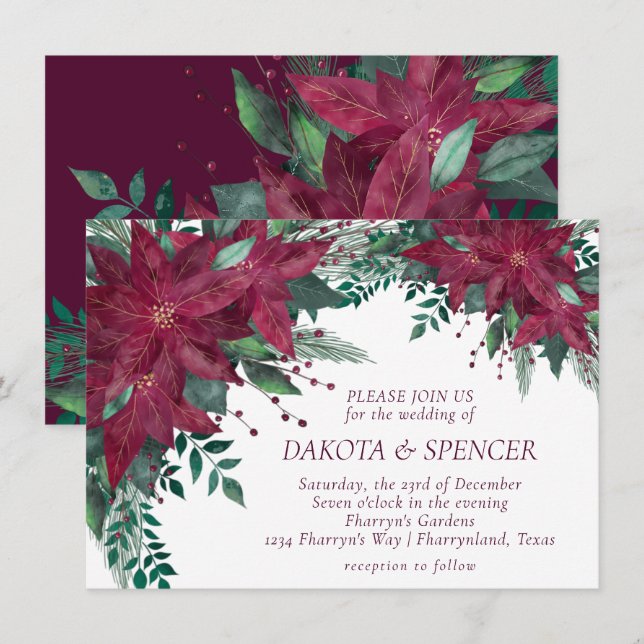 Poinsettia Burgundy and Teal Holiday Wedding Invitation (Front/Back)