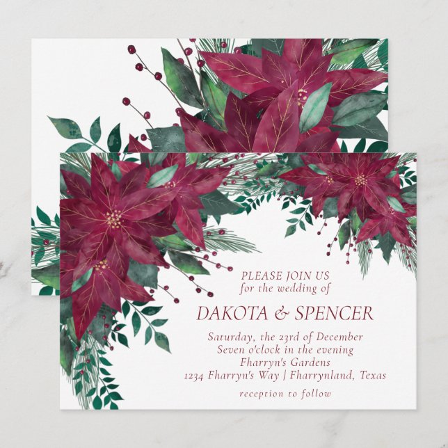 Poinsettia Burgundy and Teal Holiday Wedding Invitation (Front/Back)