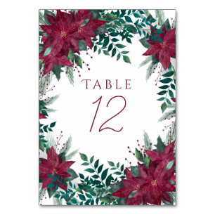 Poinsettia Burgundy and Teal Winter Floral Frame Table Number