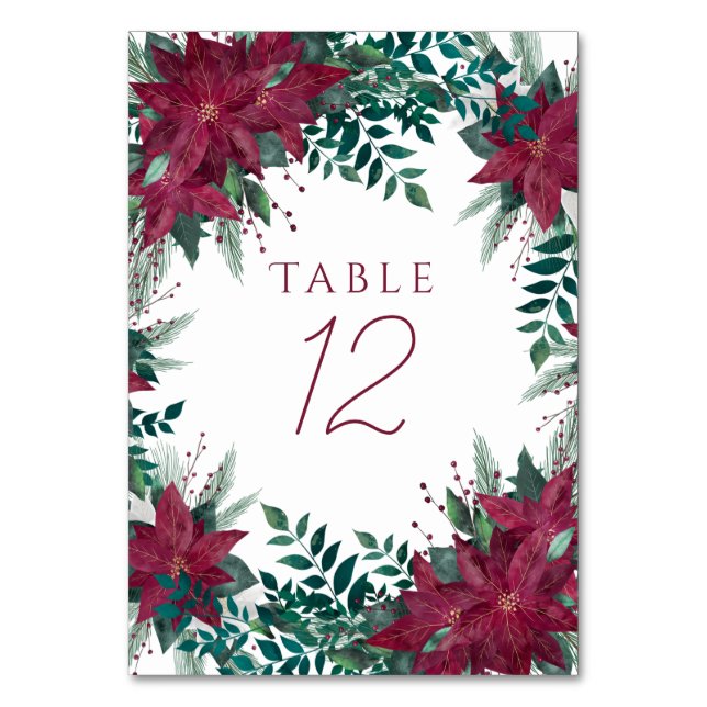 Poinsettia Burgundy and Teal Winter Floral Frame Table Number (Front)