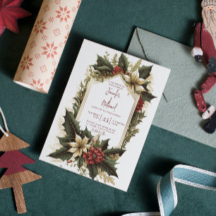 Poinsettia Burgundy Gold Xmas Floral Wedding Invitation