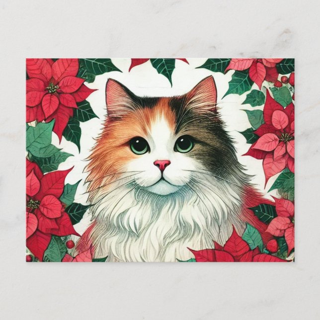 Poinsettia Calico Cat Christmas                    Postcard (Front)