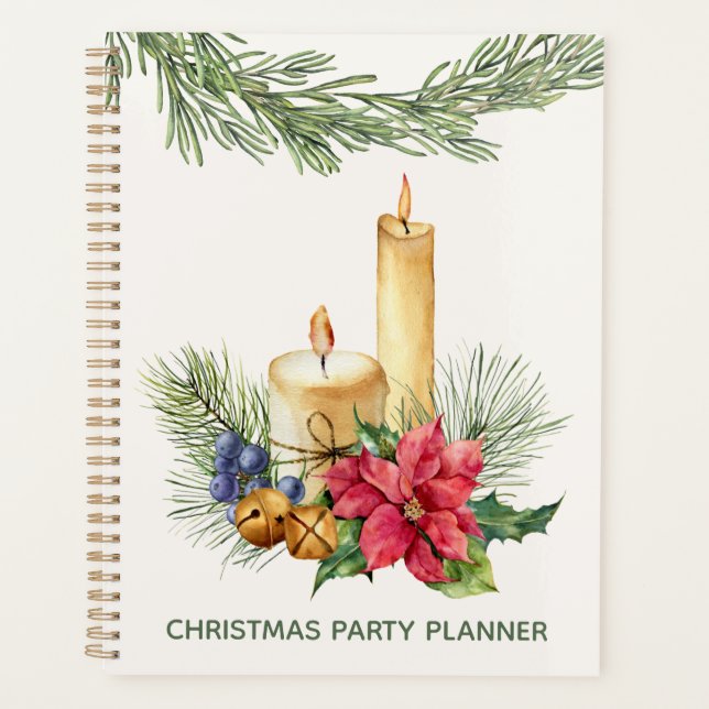 Poinsettia, candles, pine, bells Christmas Party Planner (Front)