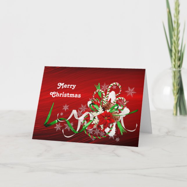 Poinsettia Candy Cane Bouquet Christmas Holiday Card (Front)