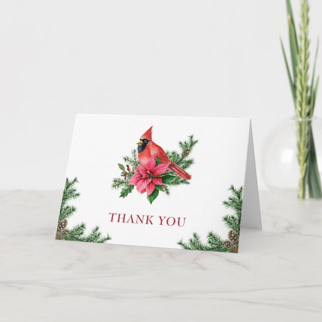Poinsettia & Cardinal Christmas Corporate Holiday Thank You Card (Front)