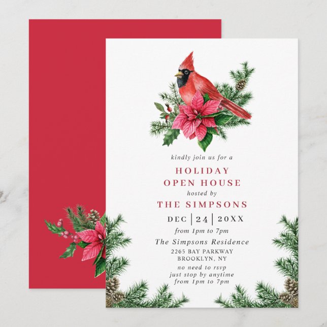 Poinsettia & Cardinal Holiday Christmas Open House Invitation (Front/Back)
