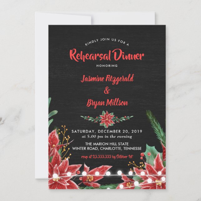 Poinsettia Chalkboard Christmas Rehearsal Dinner Invitation (Front)