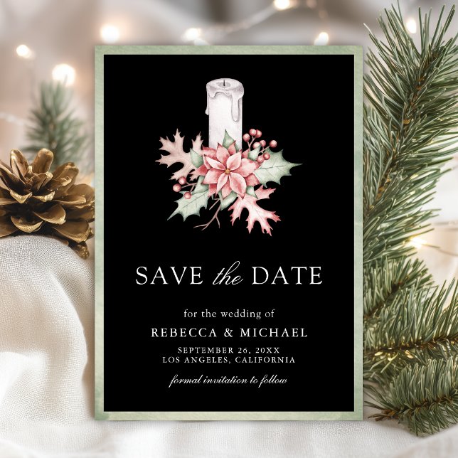 Poinsettia Christmas Candle Black Photo Wedding Save The Date (Creator Uploaded)