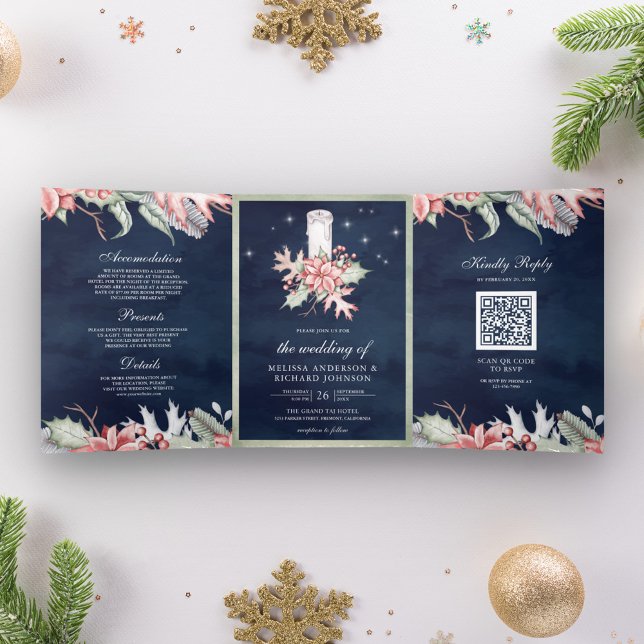 Poinsettia Christmas Candle QR Code Navy Wedding Tri-Fold Invitation (Creator Uploaded)