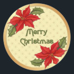 Poinsettia Christmas Classic Round Sticker<br><div class="desc">Lovely red Poinsettia flower with green leaves for her. Decor items say Merry Christmas. Elegant and perfect seasonal touch on tshirts,  gifts and other apparel.</div>