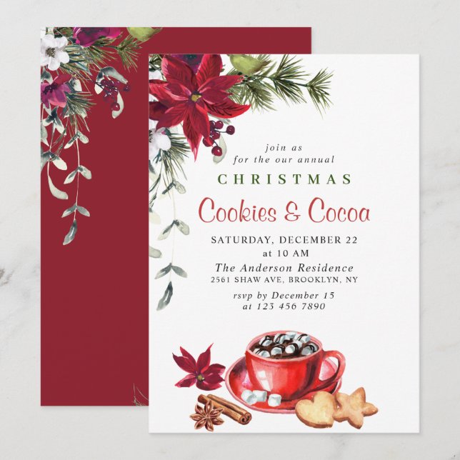 Poinsettia Christmas Cookies & Cocoa Holiday Party Invitation (Front/Back)
