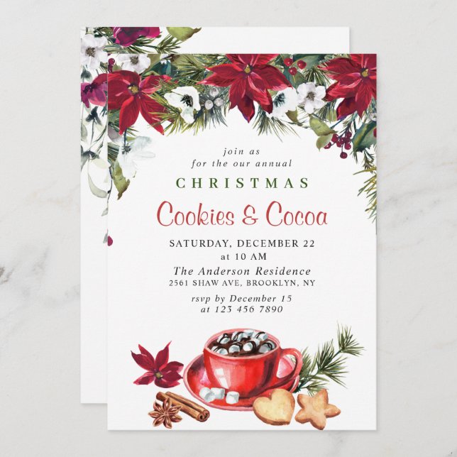 Poinsettia Christmas Cookies & Cocoa Holiday Party Invitation (Front/Back)