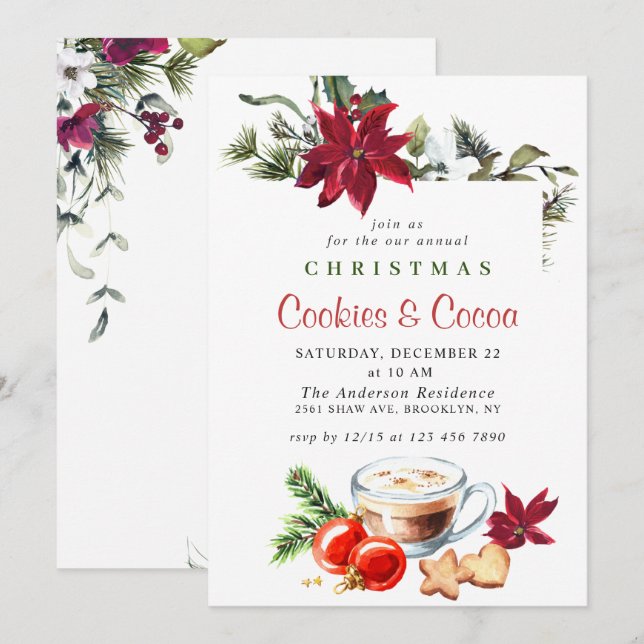 Poinsettia Christmas Cookies & Cocoa Holiday Party Invitation (Front/Back)