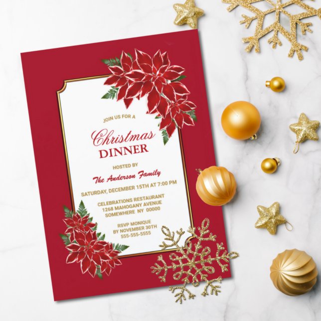 Poinsettia Christmas Dinner Red Bordered Invitation (Creator Uploaded)