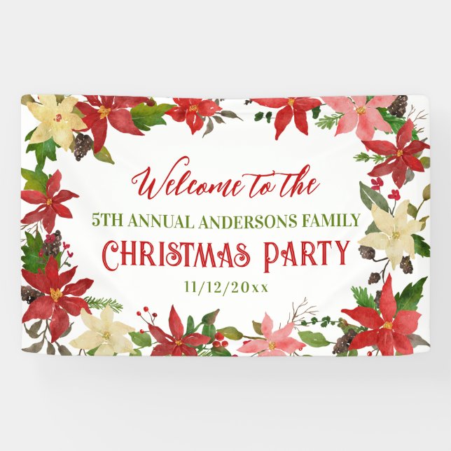 Poinsettia Christmas Family Annual Holiday Party Banner (Horizontal)