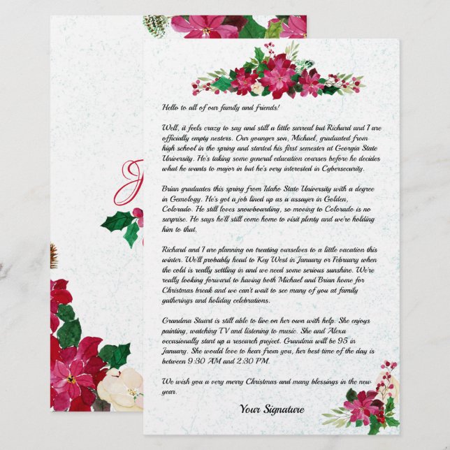 Poinsettia Christmas Family Newsletter Your Text Stationery (Front/Back)
