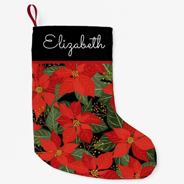 Poinsettia Christmas Floral Custom Name Small Christmas Stocking (Front)