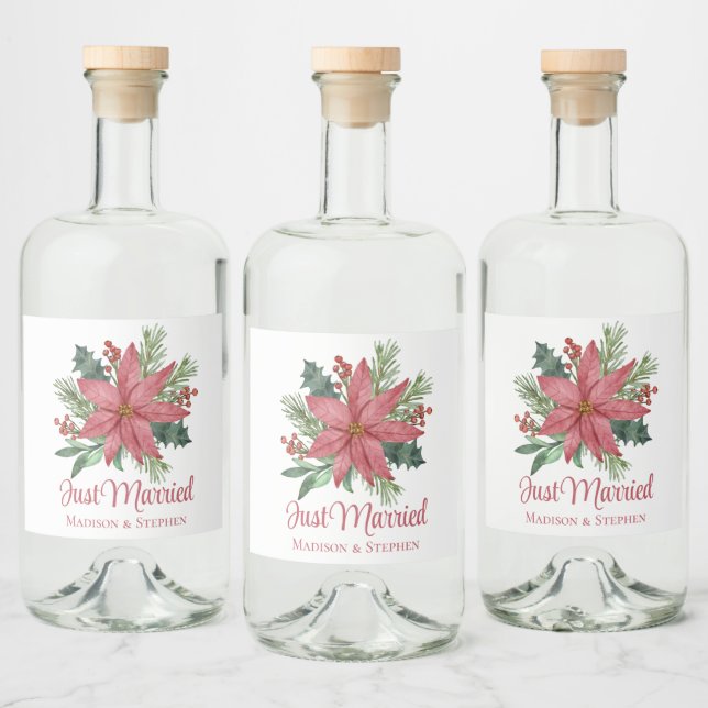 Poinsettia Christmas Floral Just Married Wedding Liquor Bottle Label (Bottles)
