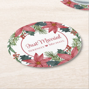Poinsettia Christmas Floral Just Married Wedding Round Paper Coaster