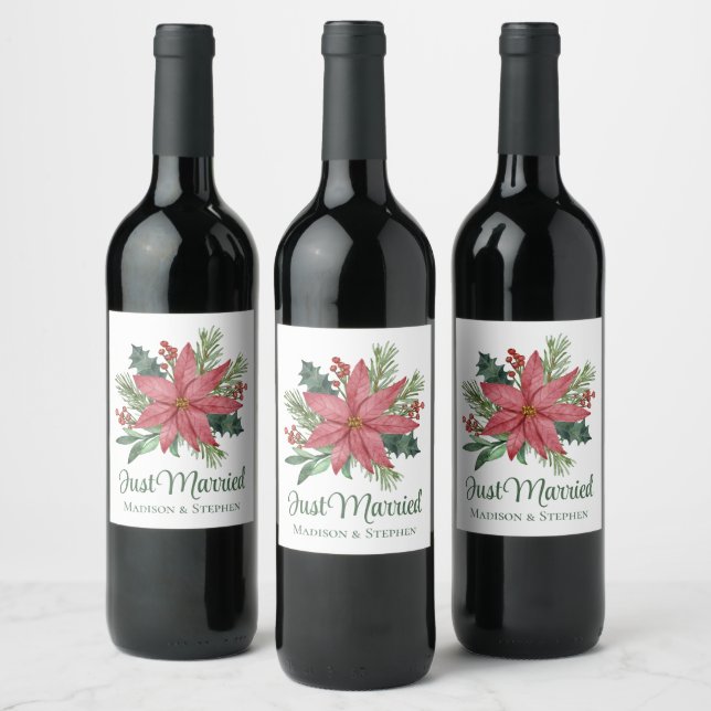Poinsettia Christmas Floral Just Married Wedding Wine Label (Bottles)