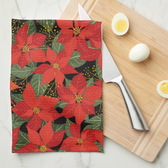 Poinsettia Christmas Floral Tea Towel (Quarter Fold)