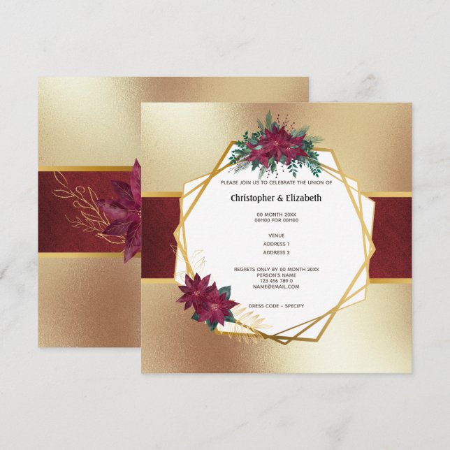 Poinsettia Christmas flower gold Burgundy wedding Invitation (Front/Back)