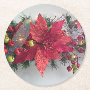 Poinsettia Christmas flowers - Flor de Pascua Round Paper Coaster