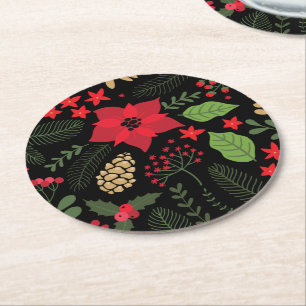 Poinsettia Christmas Holiday Round Paper Coaster