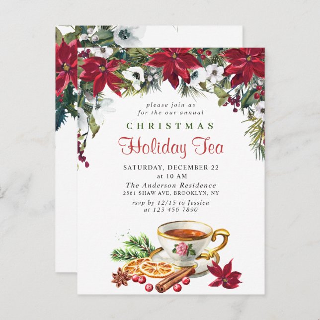 Poinsettia Christmas Holiday Tea Invitation Card (Front/Back)