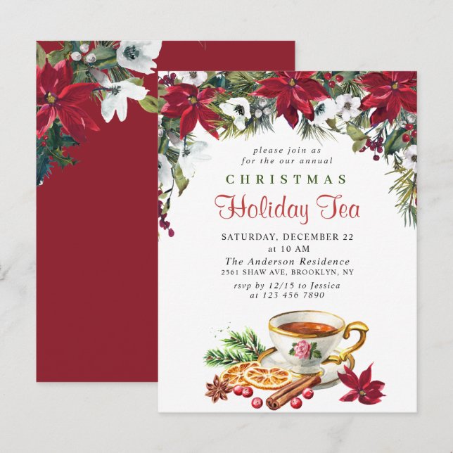 Poinsettia Christmas Holiday Tea Invitation Card (Front/Back)