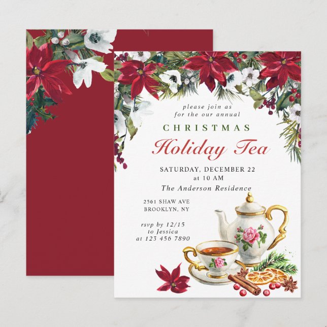 Poinsettia Christmas Holiday Tea Invitation Card (Front/Back)