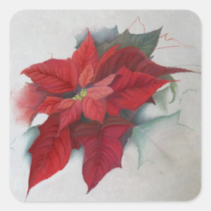 Poinsettia Christmas Oil Painting Square Sticker