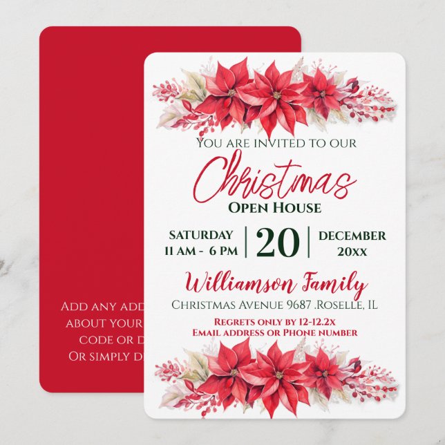 Poinsettia Christmas Open House Party  Invitation (Front/Back)