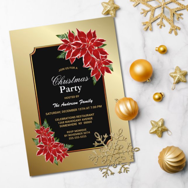Poinsettia Christmas Party Gold Bordered Black Invitation (Creator Uploaded)