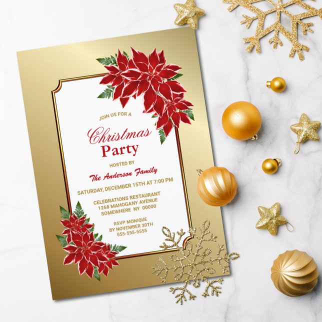 Poinsettia Christmas Party Gold Bordered Invitation (Creator Uploaded)