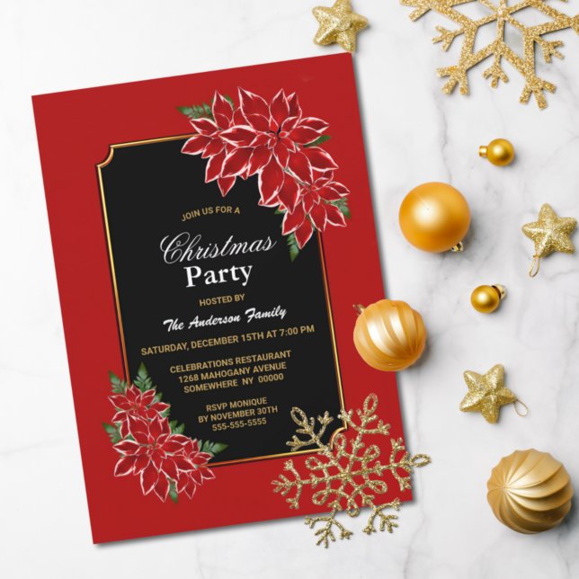 Poinsettia Christmas Party Red Bordered Black Invitation (Creator Uploaded)