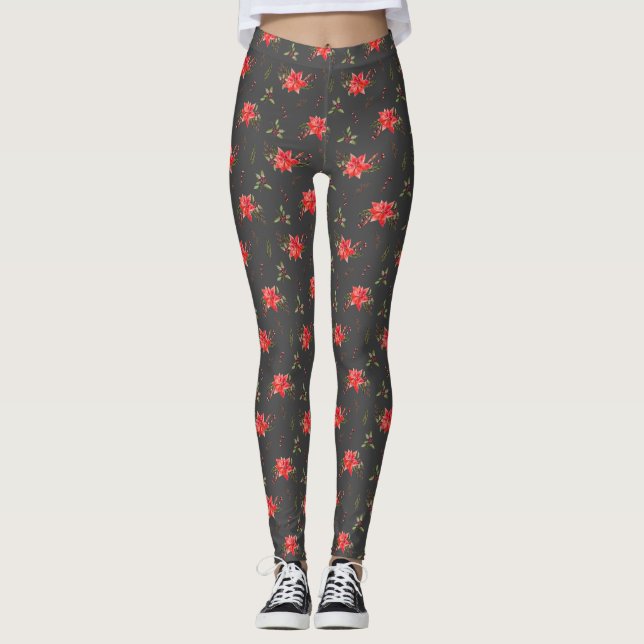 Poinsettia Christmas Pattern Leggings (Front)